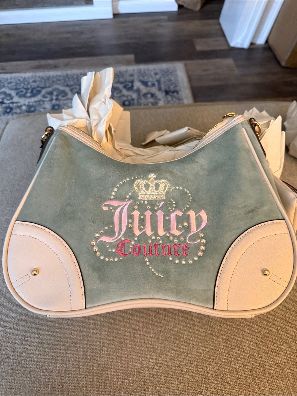 Juicy Couture Sage Green Shoulder Bag with Pink Trim and Logo